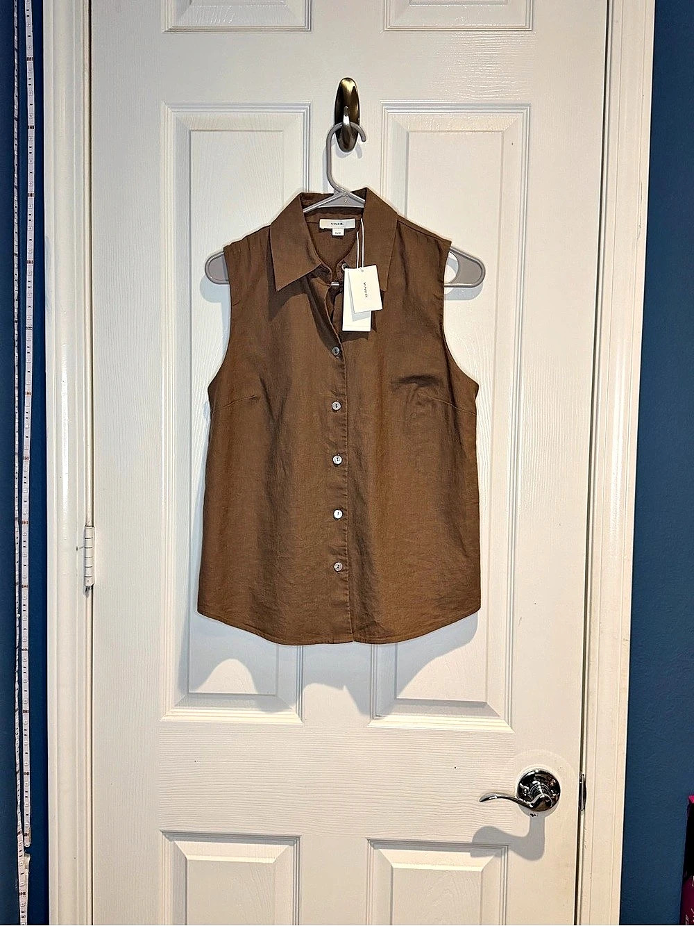 Vince Womens Hemp Cotton Sleeveless Button Down Shirt Brown XS NWT $248